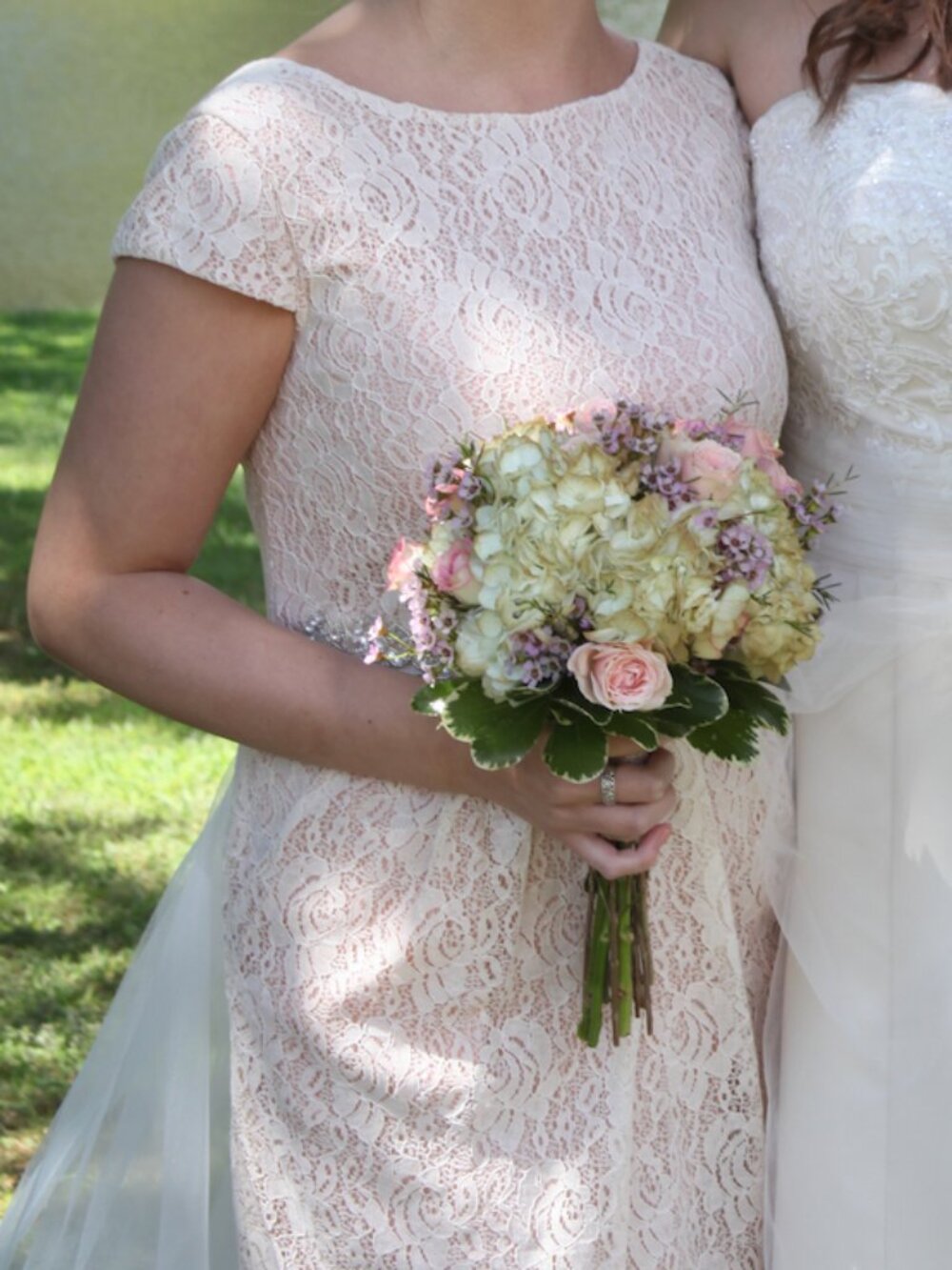 City Triangles Blush Lace Dress with Beaded Belt, Pockets, & Cap Sleeve